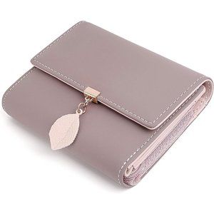 Women Small Ace Pale Mauve RFID PU Leather Leaf Pendant Zipper Coin Purse